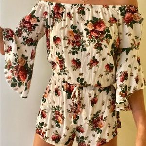 Off the shoulder, flower patterned romper